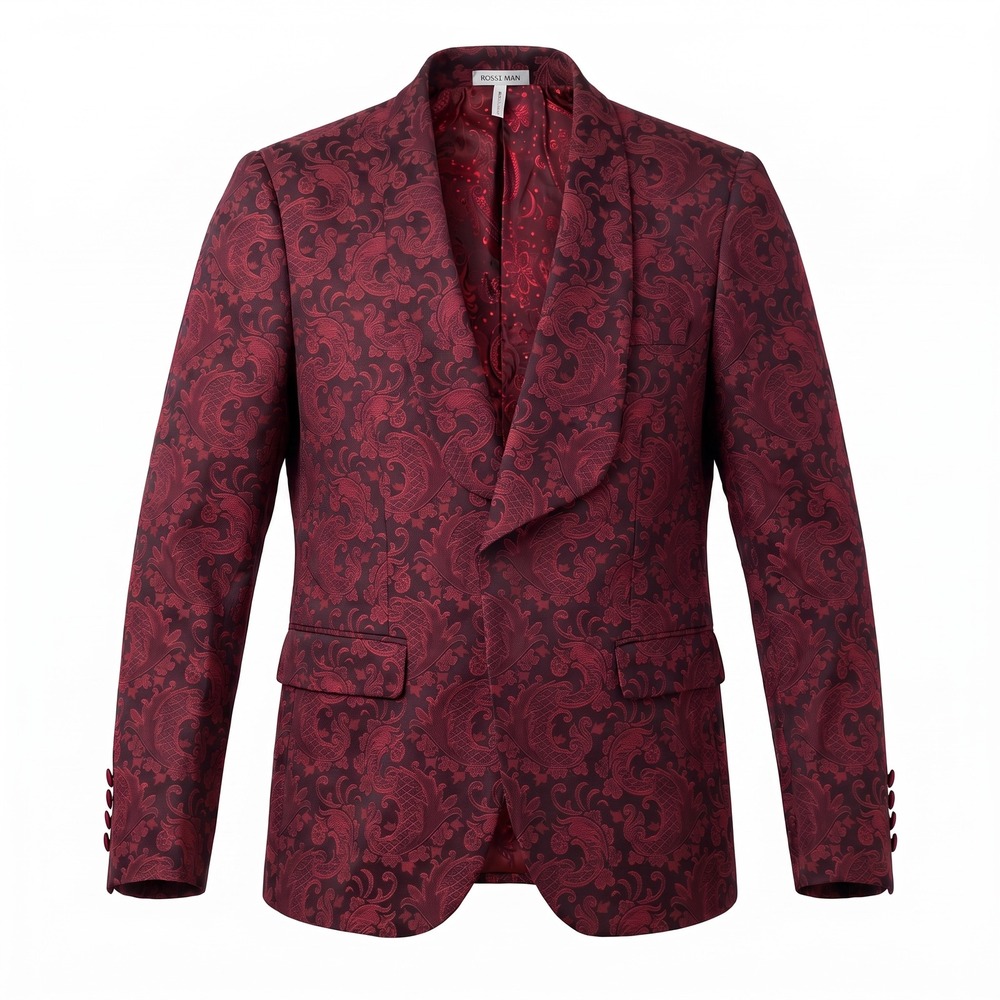 Rossi Man Slim Fit Paisley Jacquard Blazer Burgundy Smoking Size 34 US (Read)